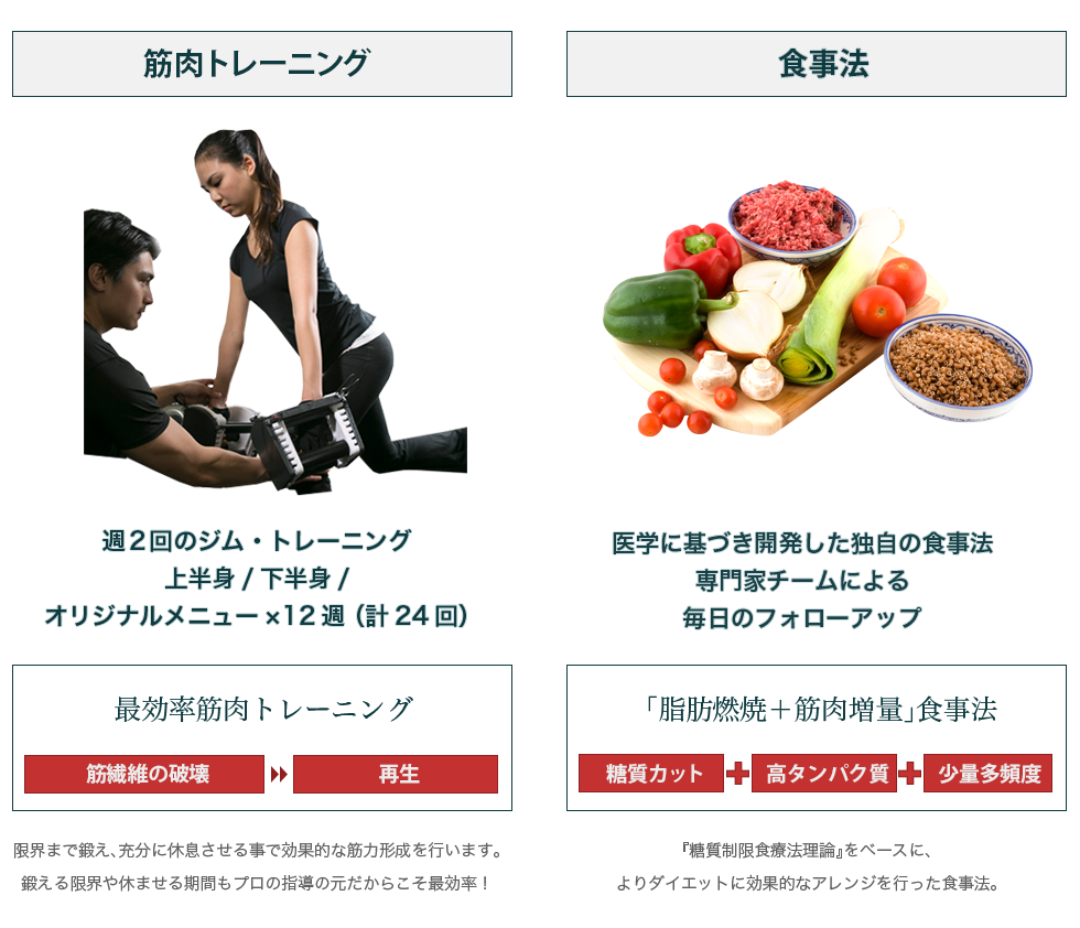 限界まで鍛えて休ませるトレーニングとキメ細やかな栄養指導で、実践的なプログラムを作成します。